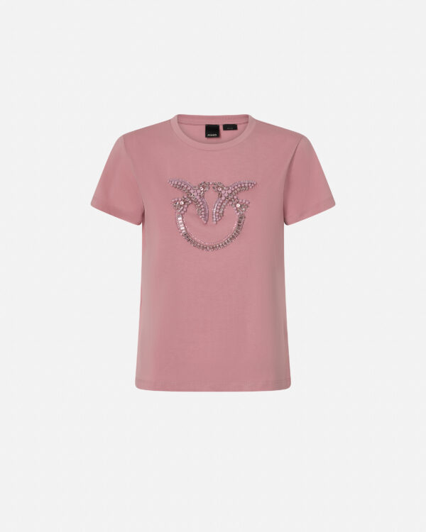 Camiseta con bordado del logotipo Love Birds en cristales