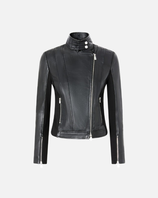 Chaqueta de motociclista de cuero con parte trasera de tela