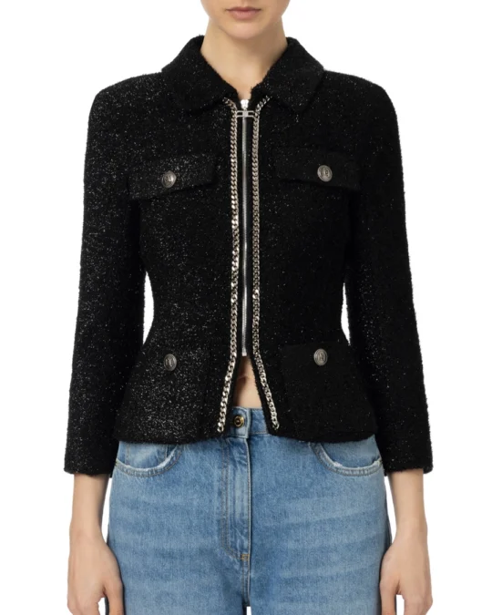 Chaqueta cropped en tweed de lúrex con cadena
