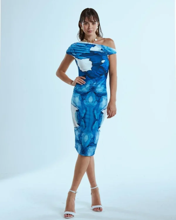 Vestido tubo drapeado estampado