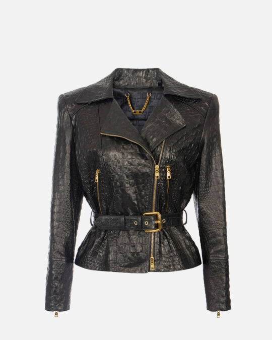 Chaqueta biker de piel con estampado de cocodrilo