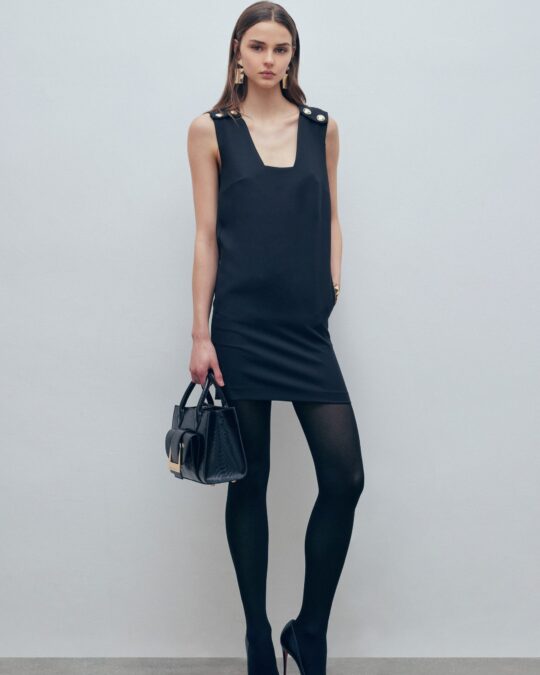 Vestido Negro sin Mangas con Botones Dorados