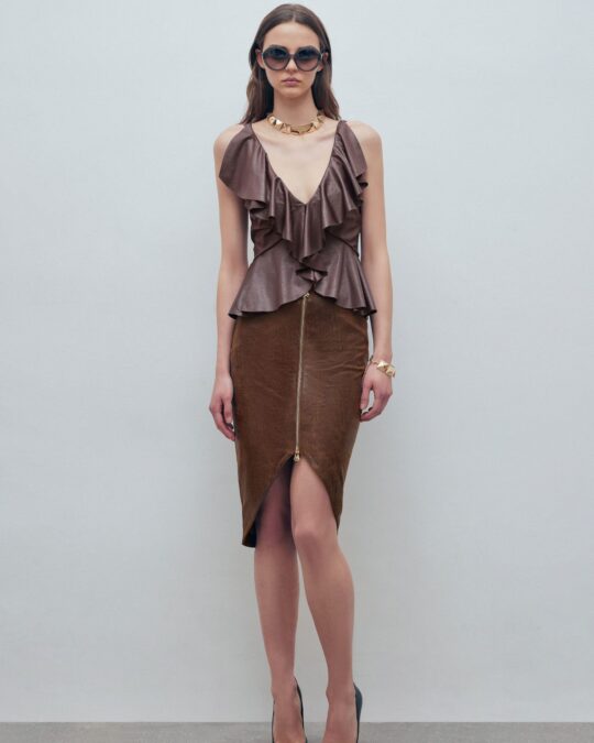 Falda de Cuero Marrón con Cremallera