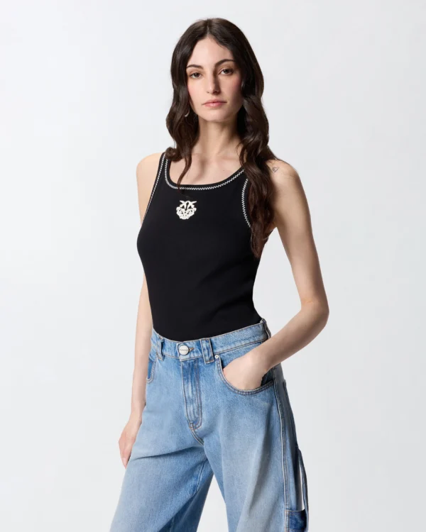 Camiseta sin mangas de canalé con bordado Love Birds