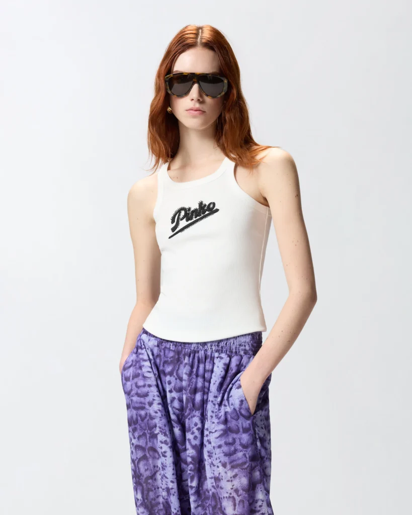 Camiseta sin mangas con bordado PINKO y pedrería