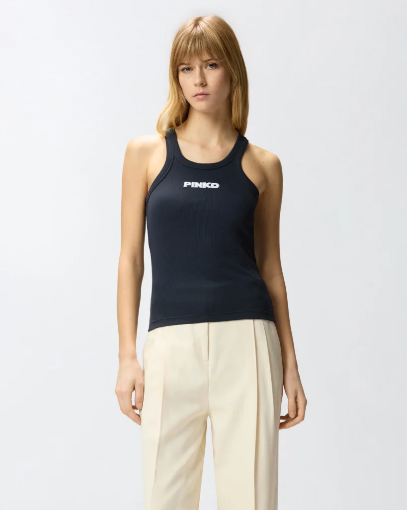 Camiseta sin mangas acanalada con logotipo PINKO 3D