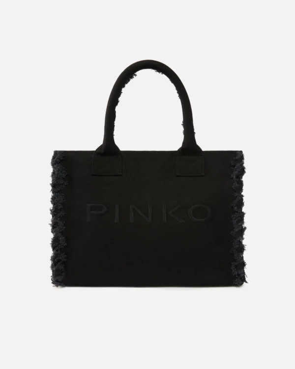 Bolso shopper mediano Beach de lona con logotipo y detalles deshilachados