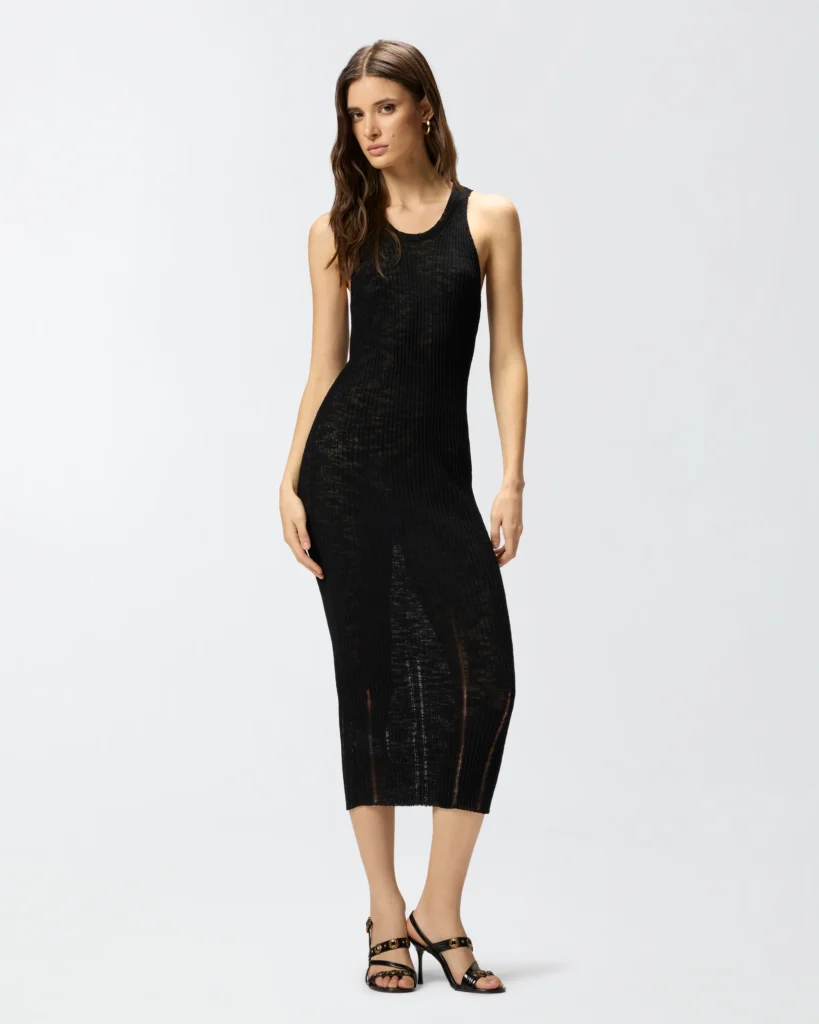 Vestido midi ajustado de canalé con roturas