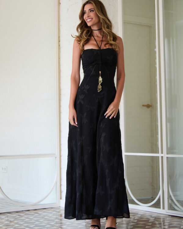 Vestido Largo Negro Halter con Corsé Trasero Cordones y Mariposas