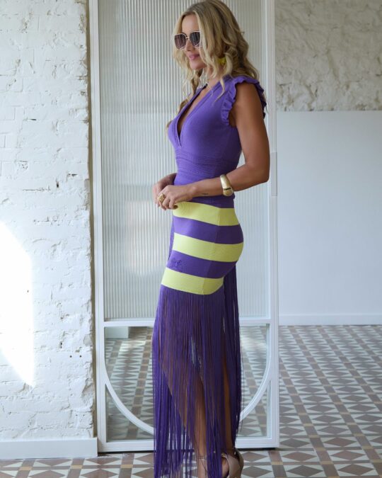 Falda Mini Morada con Rayas Lima y Flecos