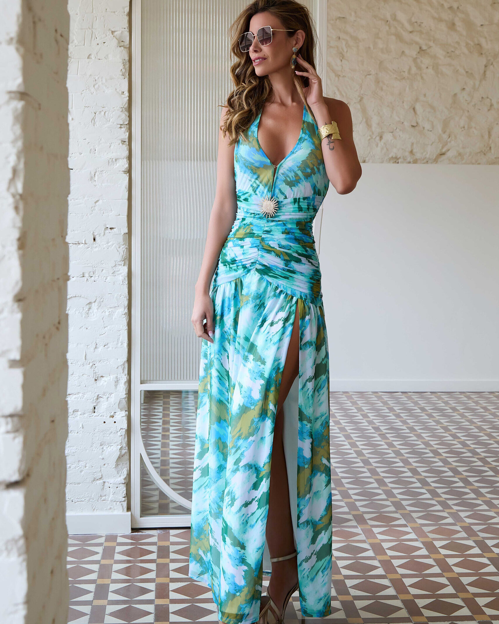 Vestido Maxi Fluido Print Turquesa