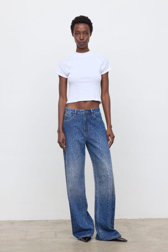 Pantalón vaquero wide leg con strass degradado Eleh denim azul
