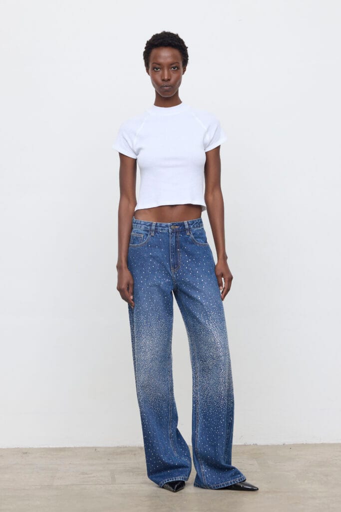 Pantalón vaquero wide leg con strass degradado Eleh denim azul