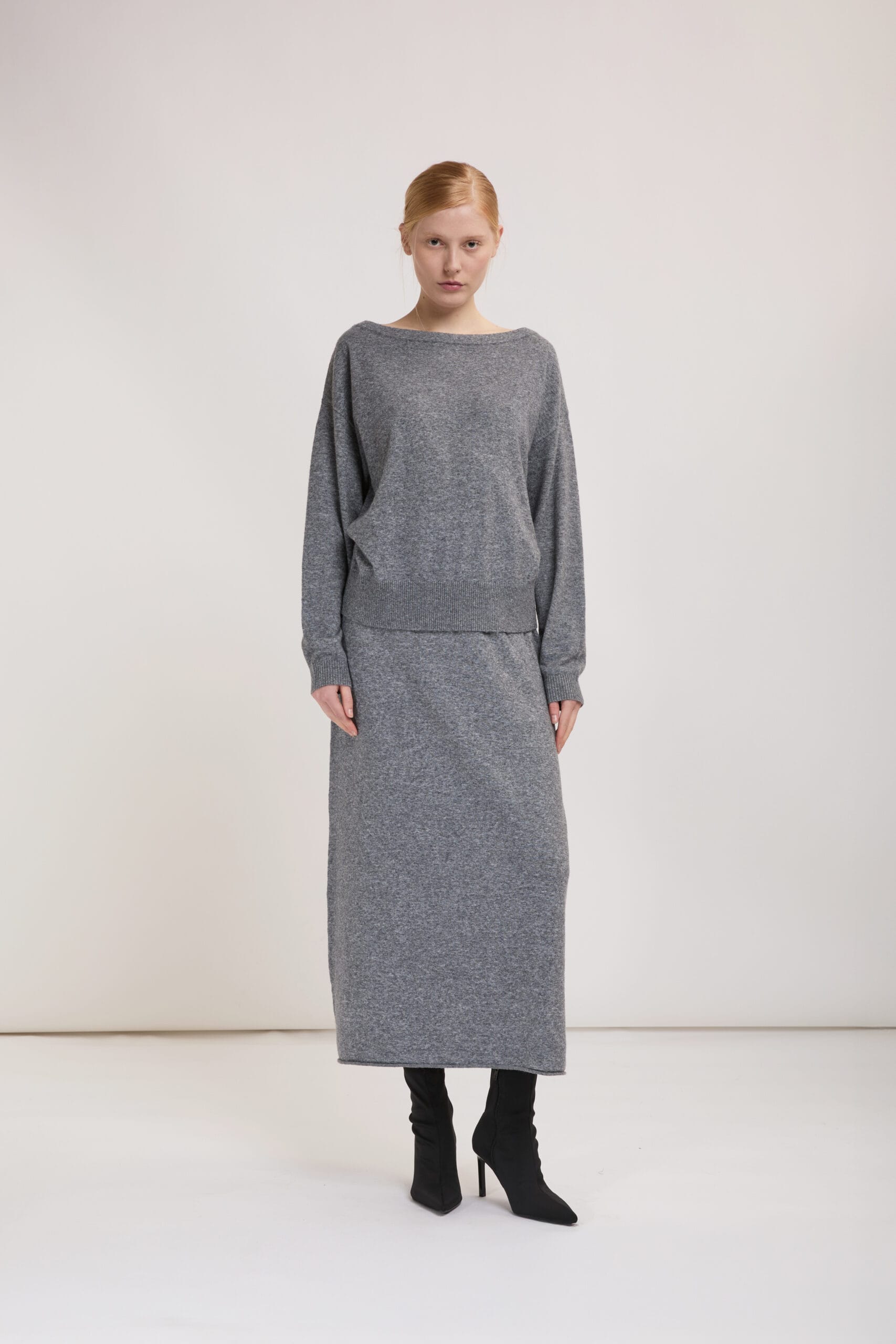 Falda midi de punto suave con cintura elástica Eleh gris melange - Imagen 2