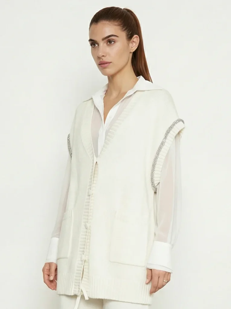 Chaleco de punto mujer cuello en pico blanco JJL Collection para CLNDSTNO